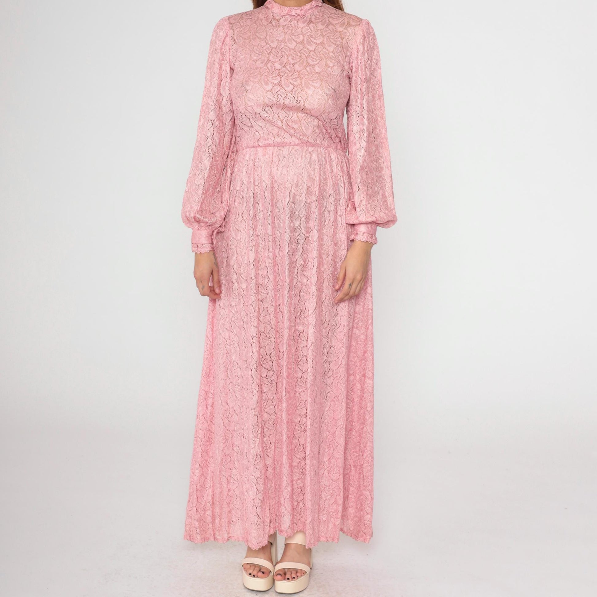 70s Pink Lace Maxi Dress Bishop Sleeve High Waist Button Back Small Medium