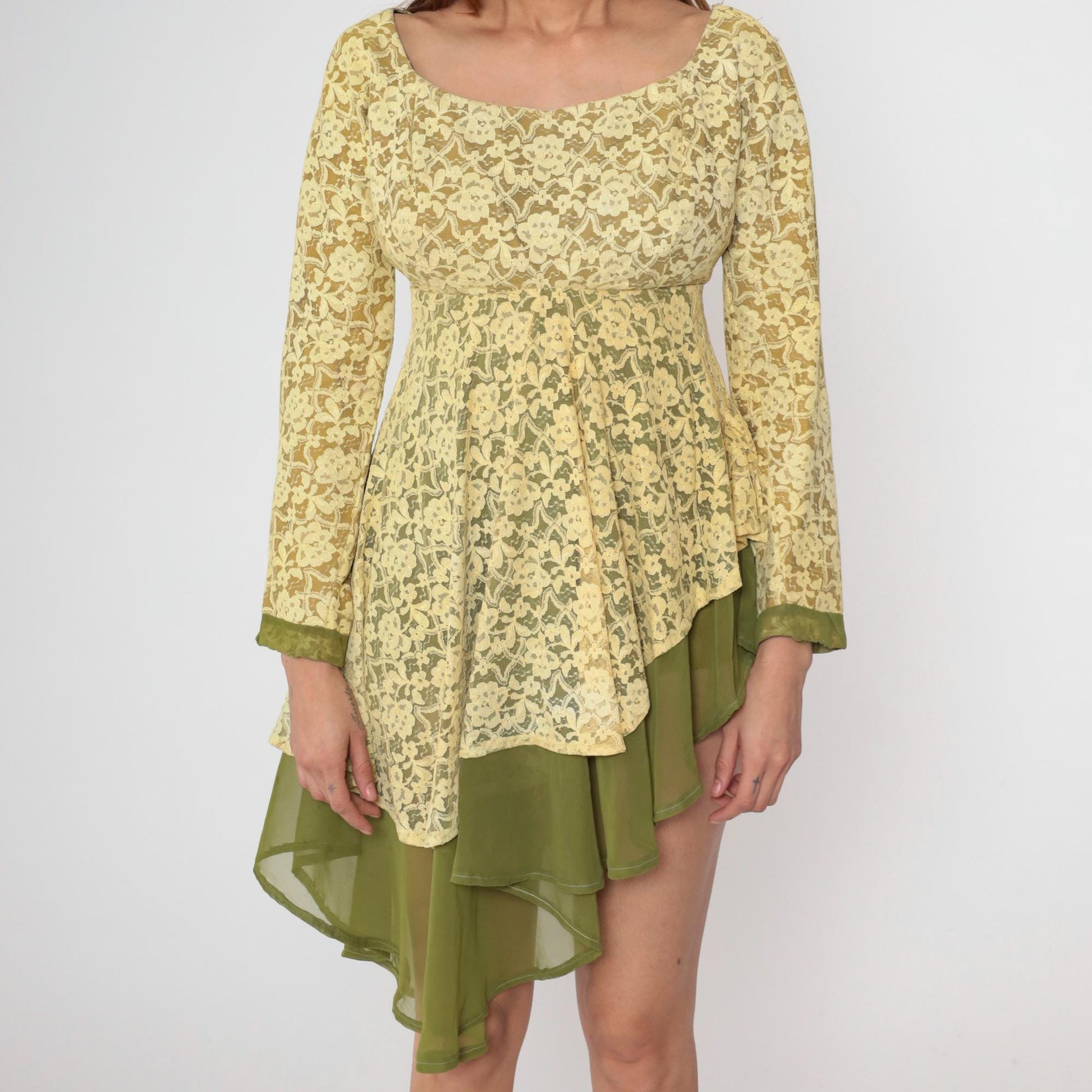 60s Yellow Lace Dress Green Sheer Empire Waist Asymmetrical Hem Small Medium