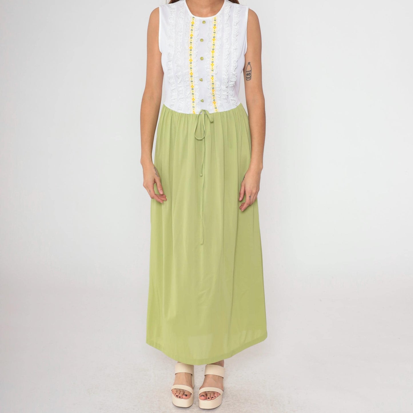 70s Gilead Two-Piece Maxi Nightgown Robe Set White Green Nylon Medium