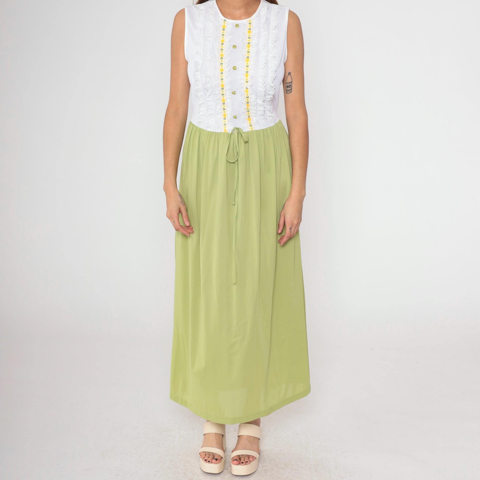 70s Gilead Two-Piece Maxi Nightgown Robe Set White Green Nylon Medium