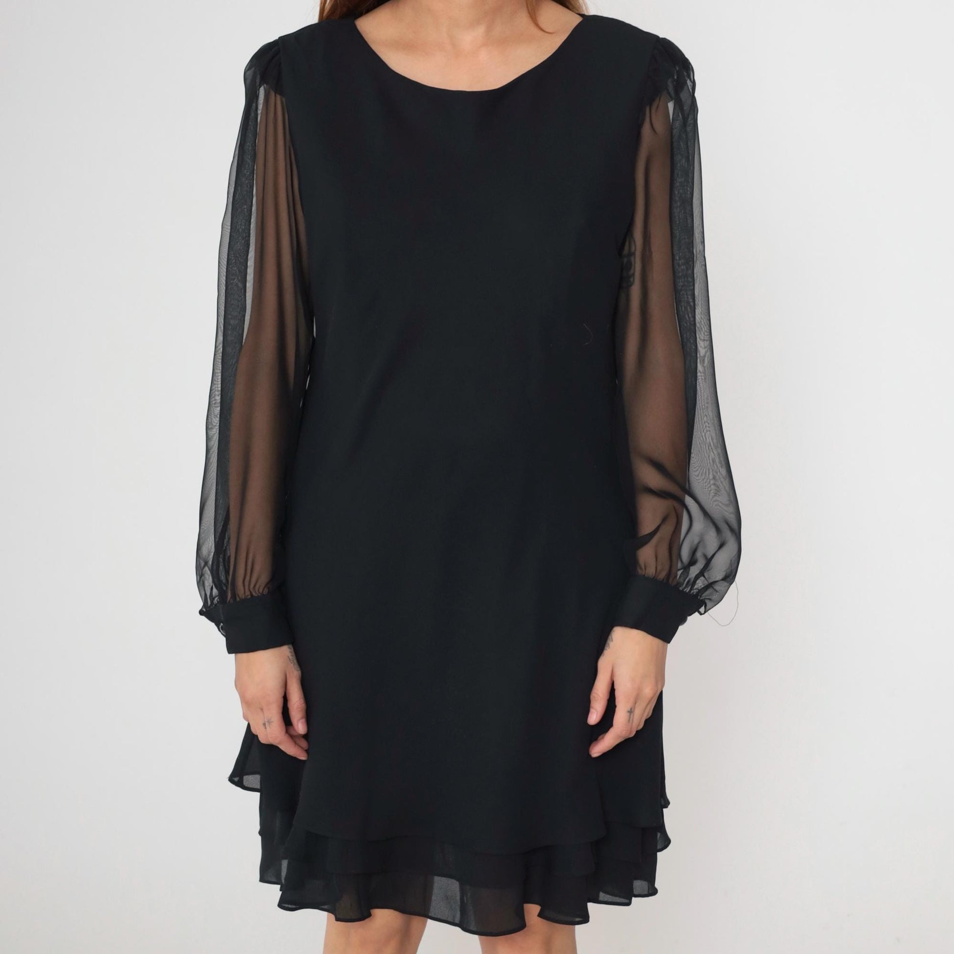 90s Black Chiffon Mini Dress Bishop Sleeve Shift Layered Ruffle Hem Large