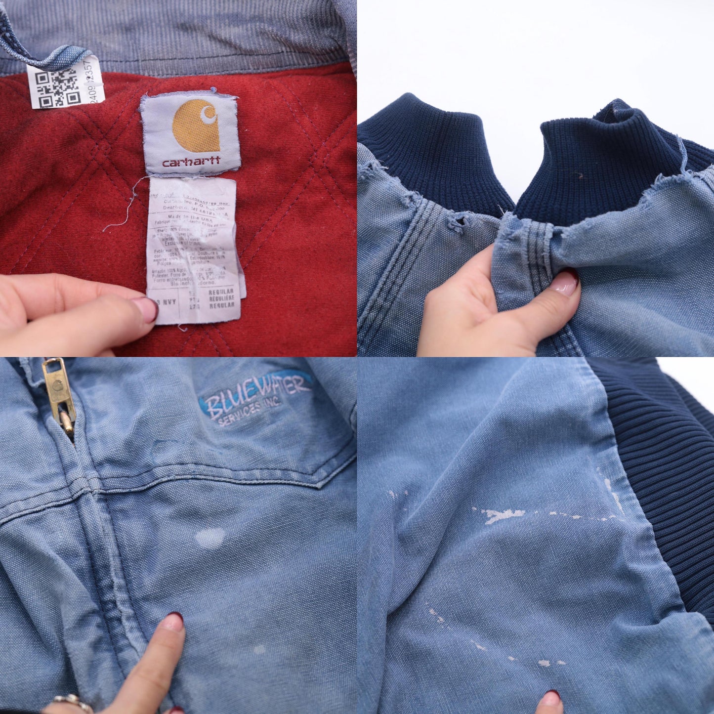 90s Carhartt Bomber Jacket Blue Duck Corduroy Collar Bluewater Services Large L