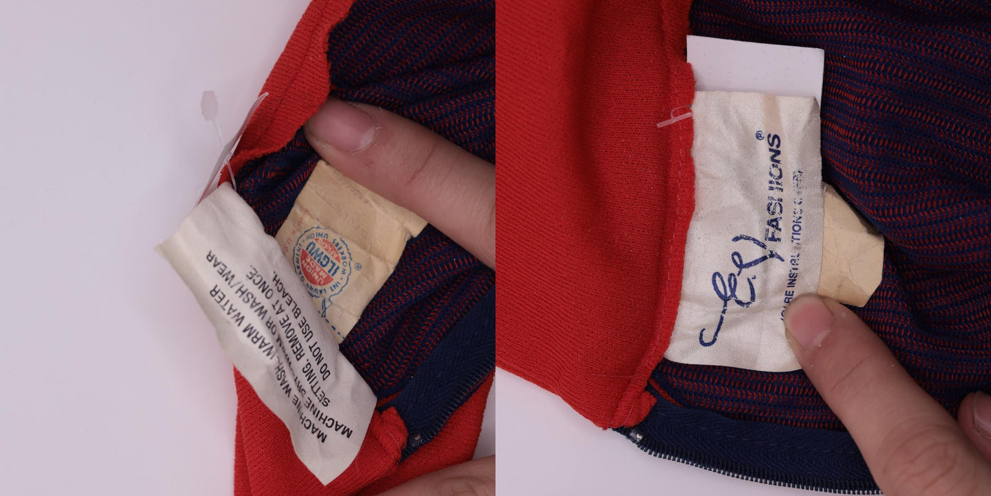 60s Mod Mini Dress Red Blue Striped Empire Waist Mock Neck Small