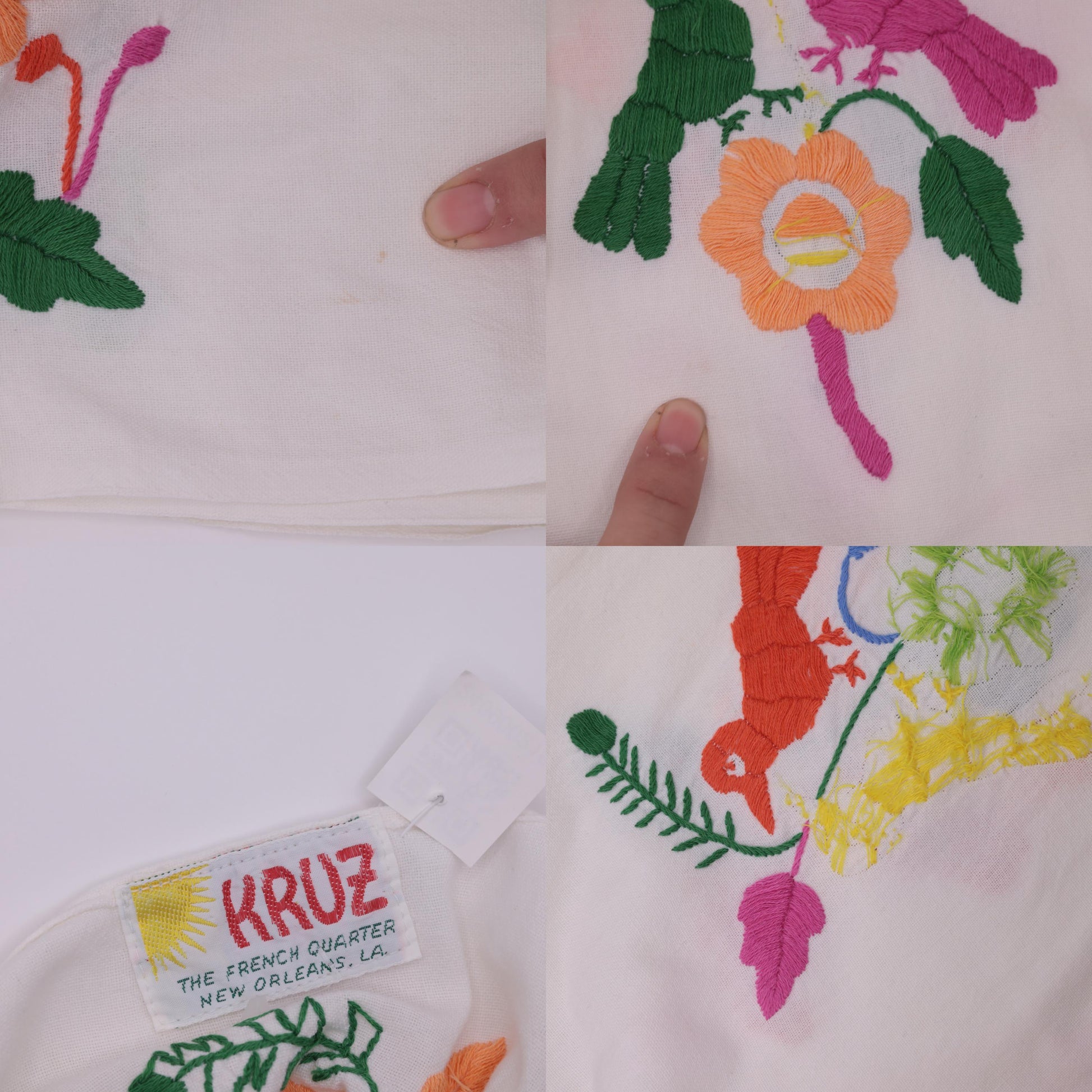 80s Mexican Embroidered Bird Blouse White Cotton Tunic Medium M