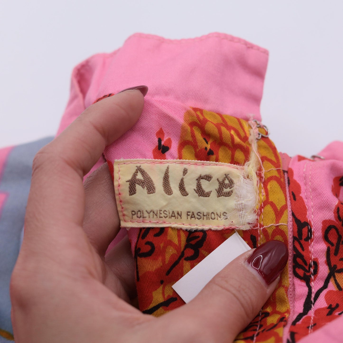 70s Alice Polynesian Kaftan Dress Bell Sleeve Asian Court Print Red Pink Small