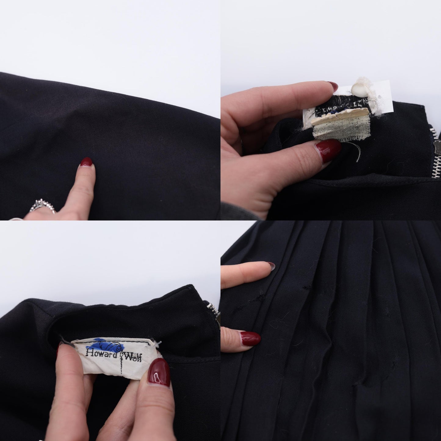 60s Howard Wolf Black Pleated Cocktail Dress 3/4 Sleeve Tailored Extra Small XS