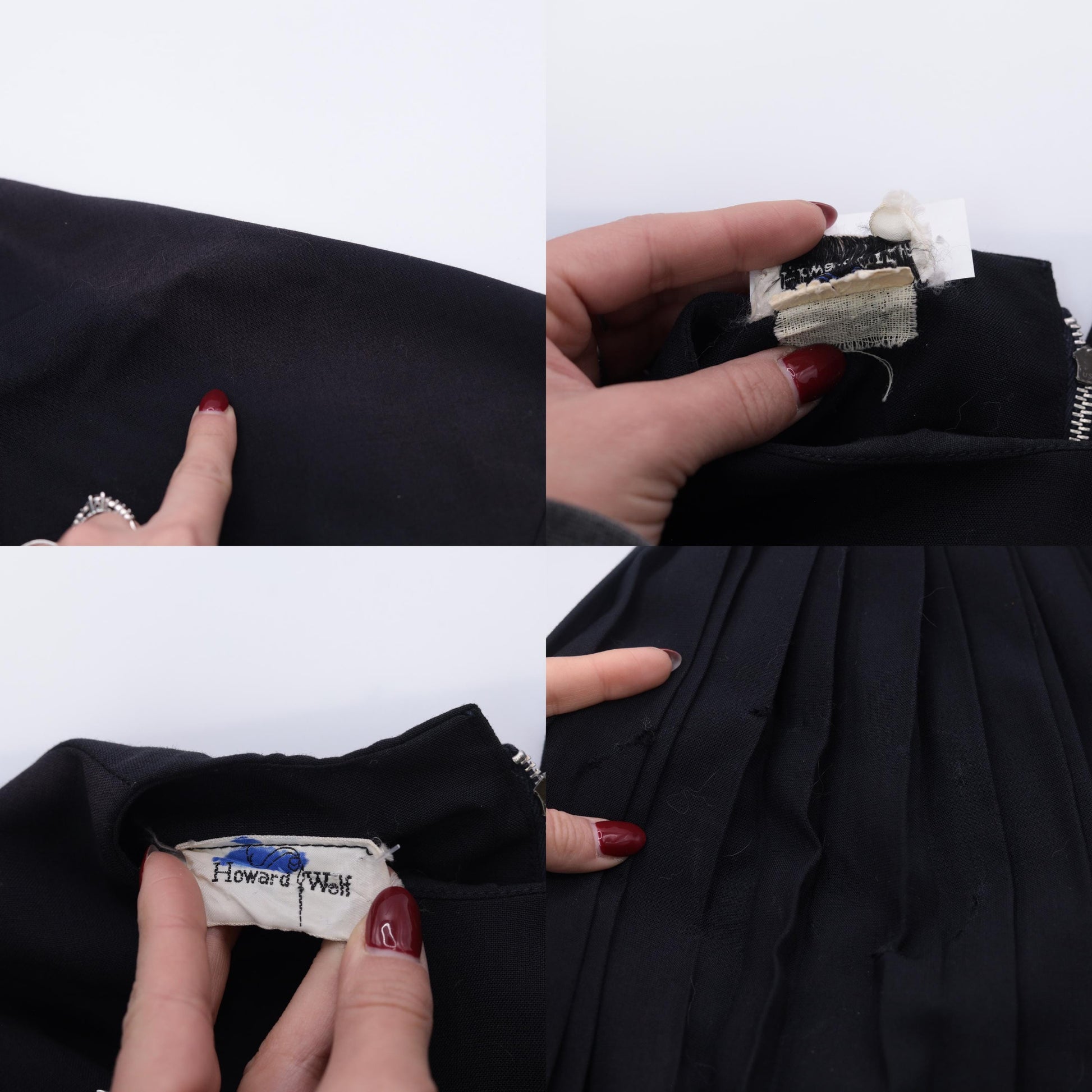 60s Howard Wolf Black Pleated Cocktail Dress 3/4 Sleeve Tailored Extra Small XS