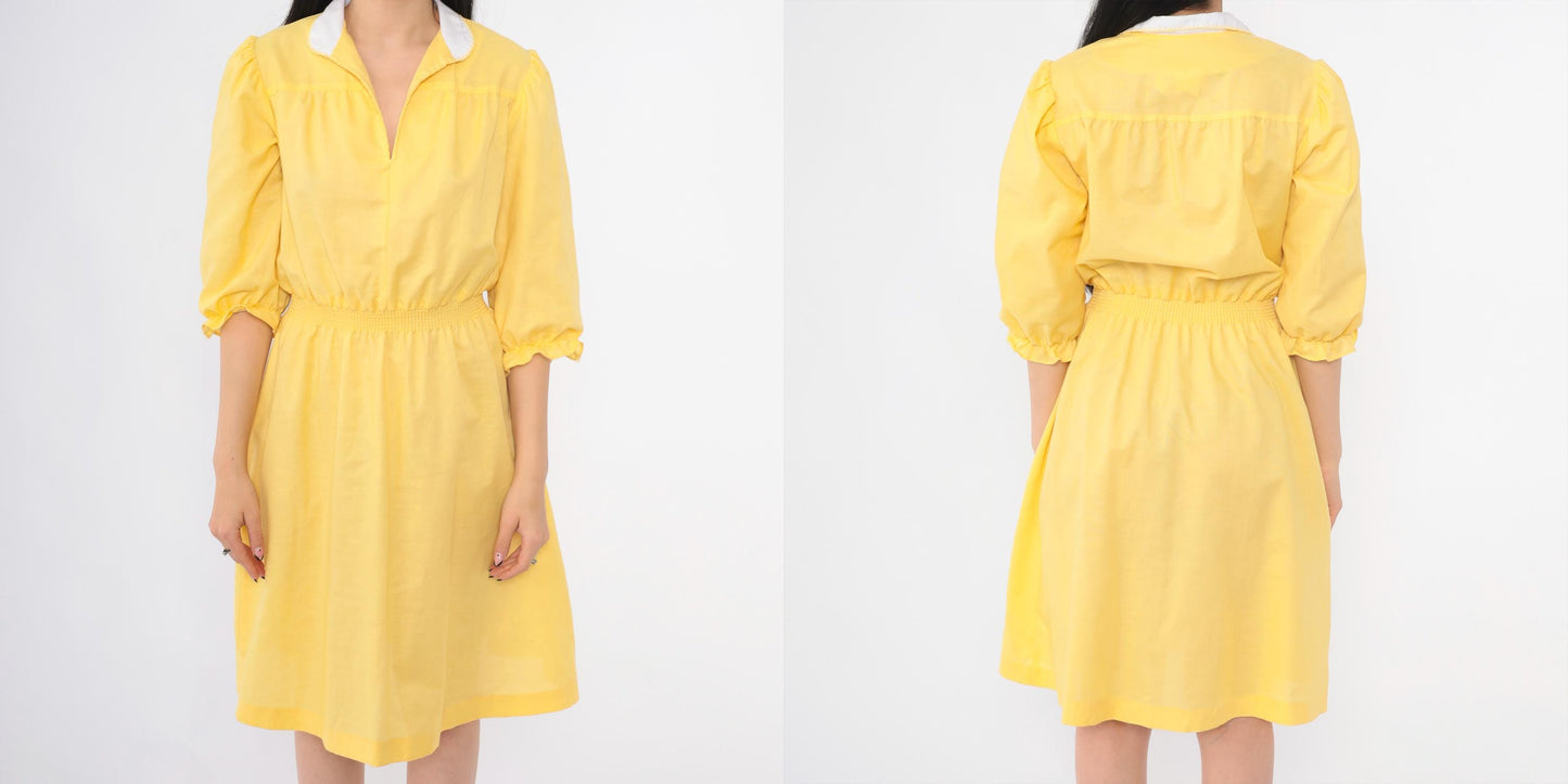 70s Yellow Puff Sleeve Midi Dress White Collar Smocked Waist Small S