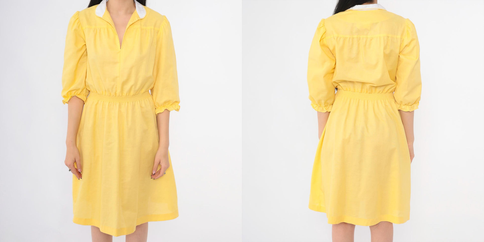 70s Yellow Puff Sleeve Midi Dress White Collar Smocked Waist Small S