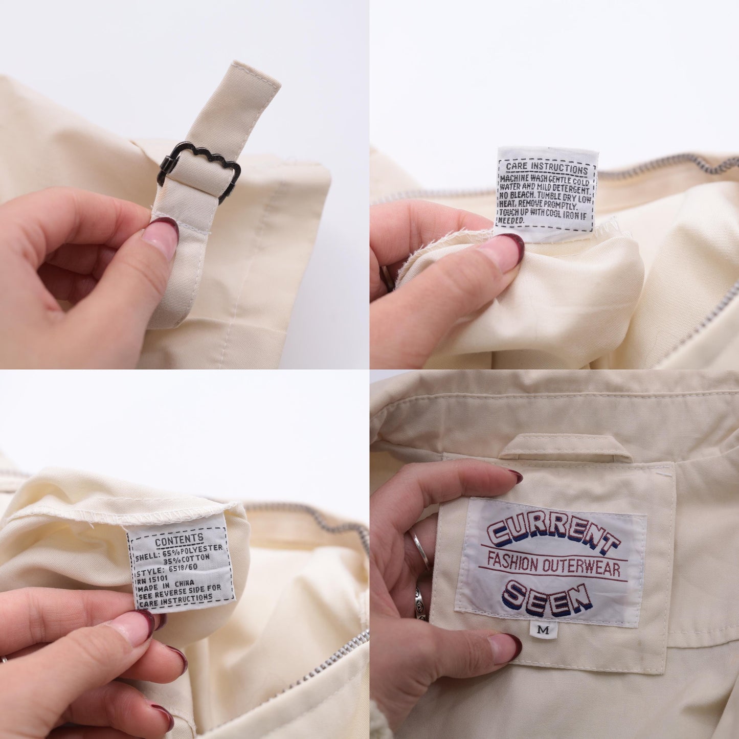 80s Cream Windbreaker Jacket Full Zip Bomber Neck Buckle Men's Medium