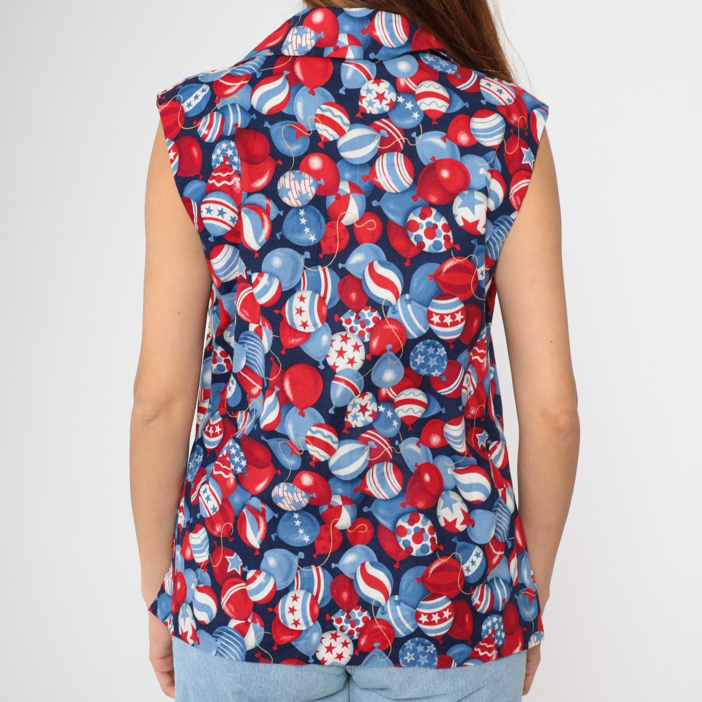 90s Patriotic Balloon Print Sleeveless Button-Up Shirt Red White Blue Large L