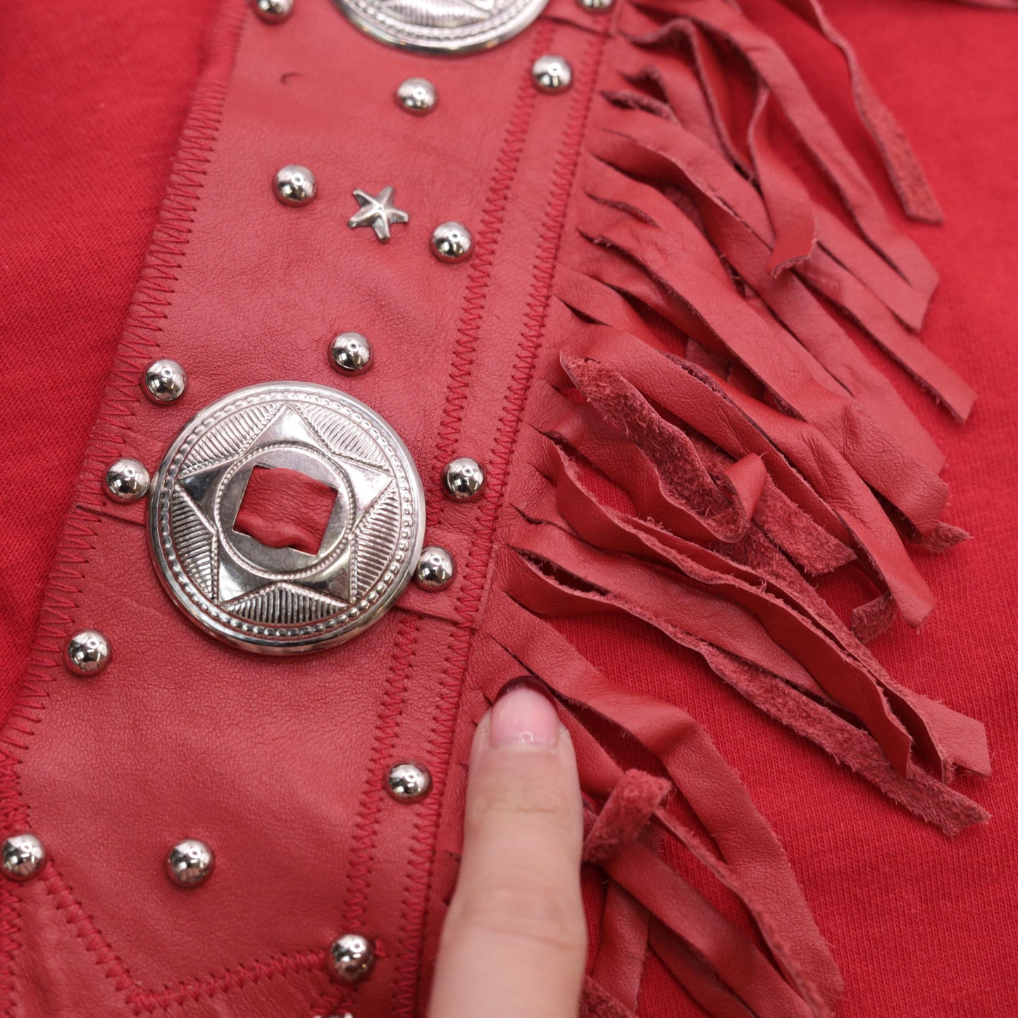 90s Pierre Pascal Red Leather Fringe Western T-Shirt Concho Stud V-Neck Medium