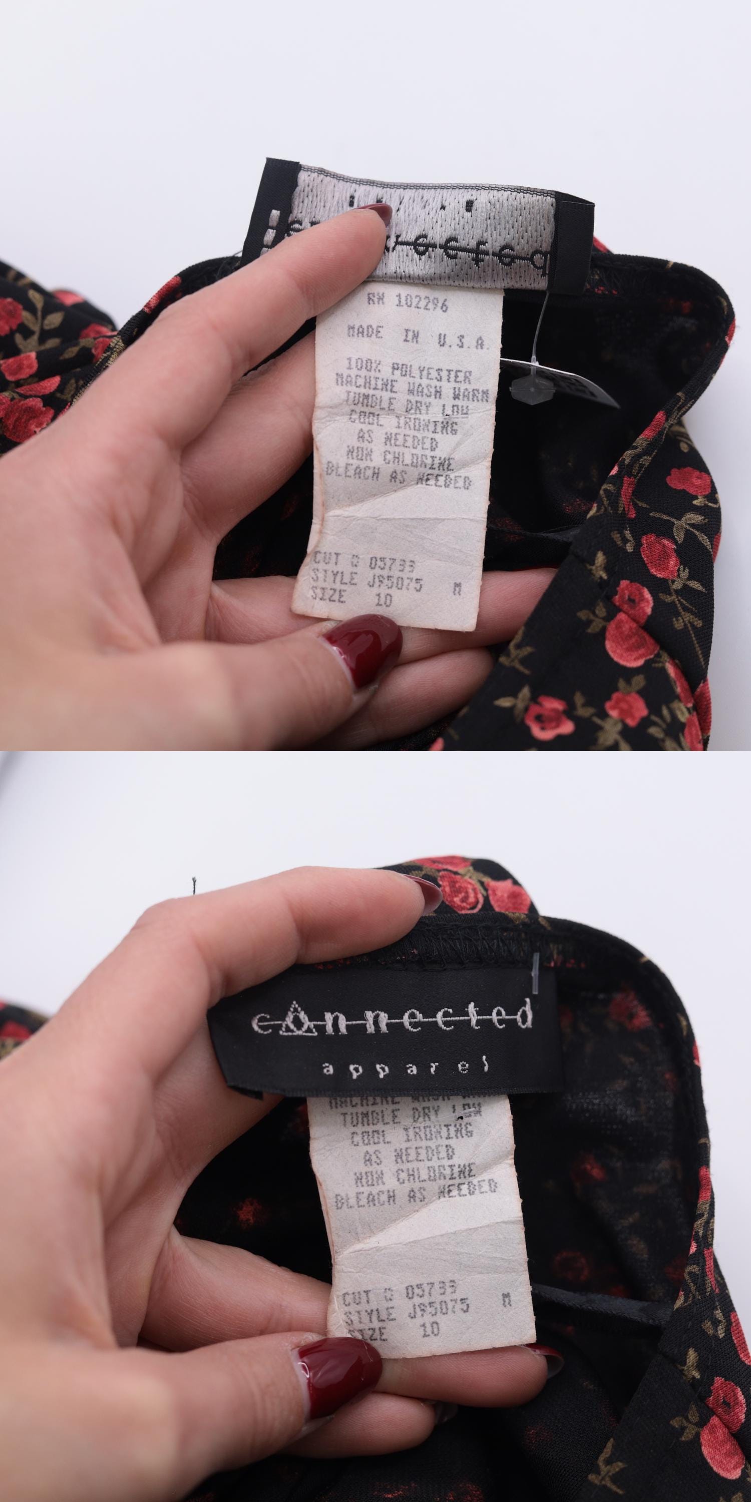 90s Connected Apparel Black Floral Midi Dress Rose Print V Neck Medium