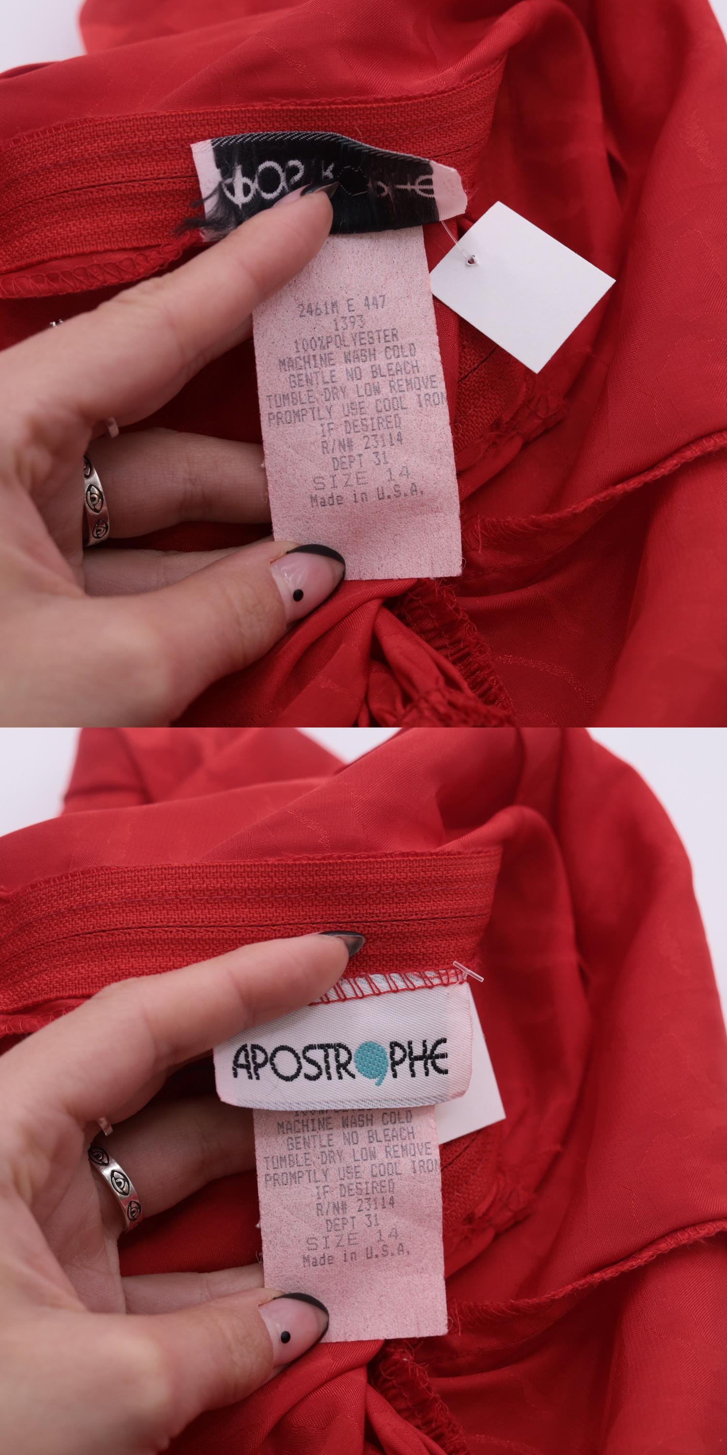 80s Apostrophe Red Jacquard Midi Dress Scoop Back Long Sleeve Medium M