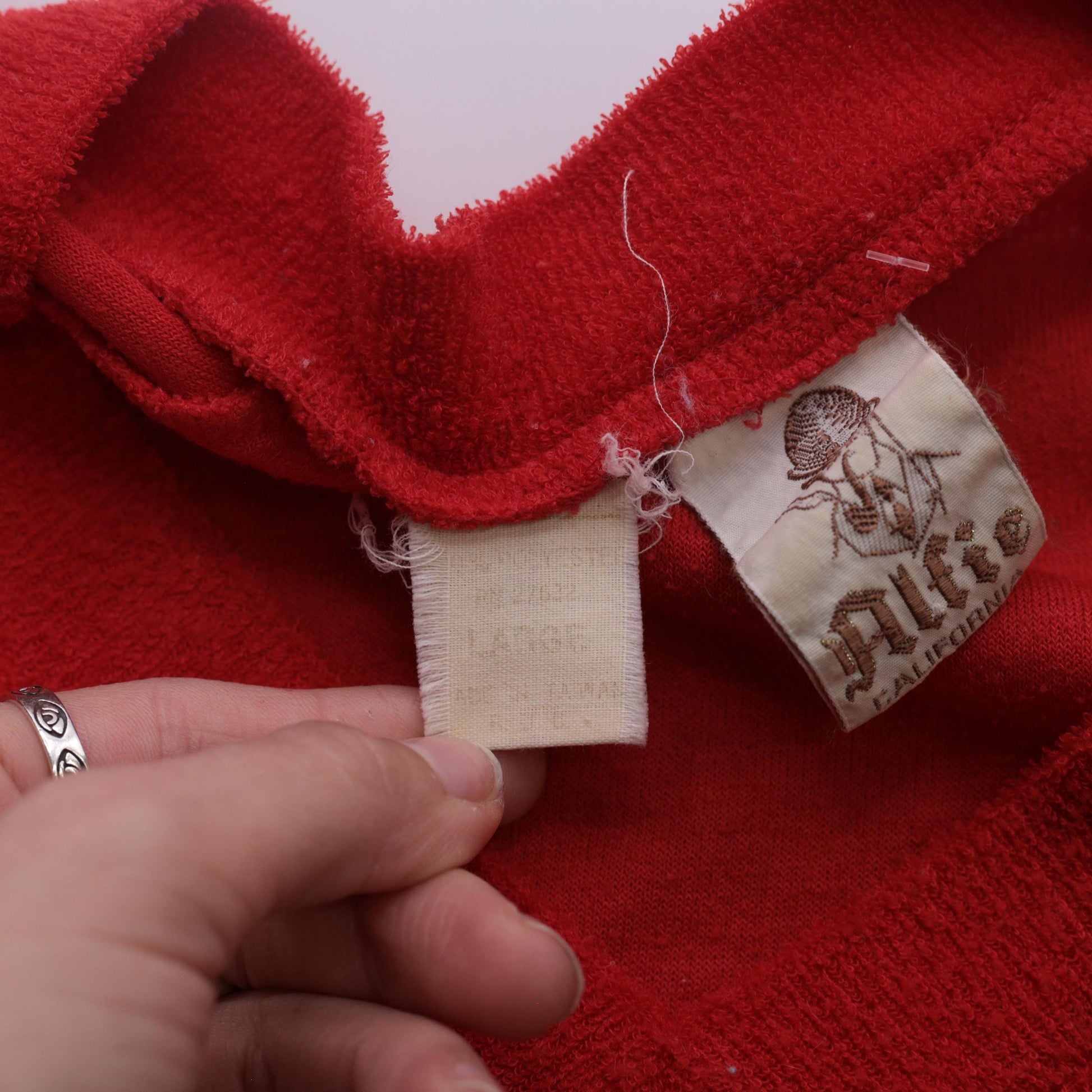80s Alfie California Terry Cloth V-Neck Top Red Short Sleeve Medium Large