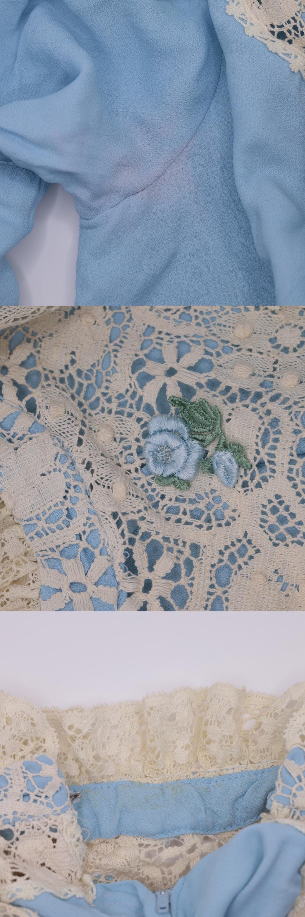 70s Light Blue Maxi Dress Lace Yoke Puff Sleeve High Neck Empire Waist Extra Small
