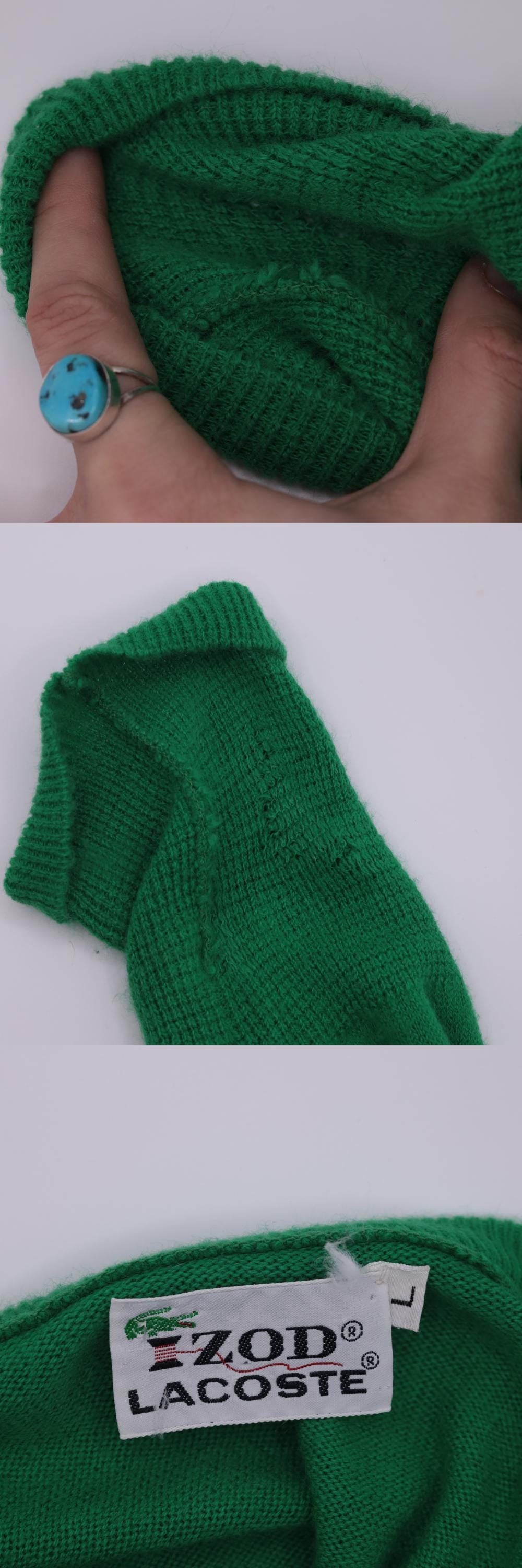 80s Izod Lacoste Green V-Neck Sweater Crocodile Logo Pullover Large L