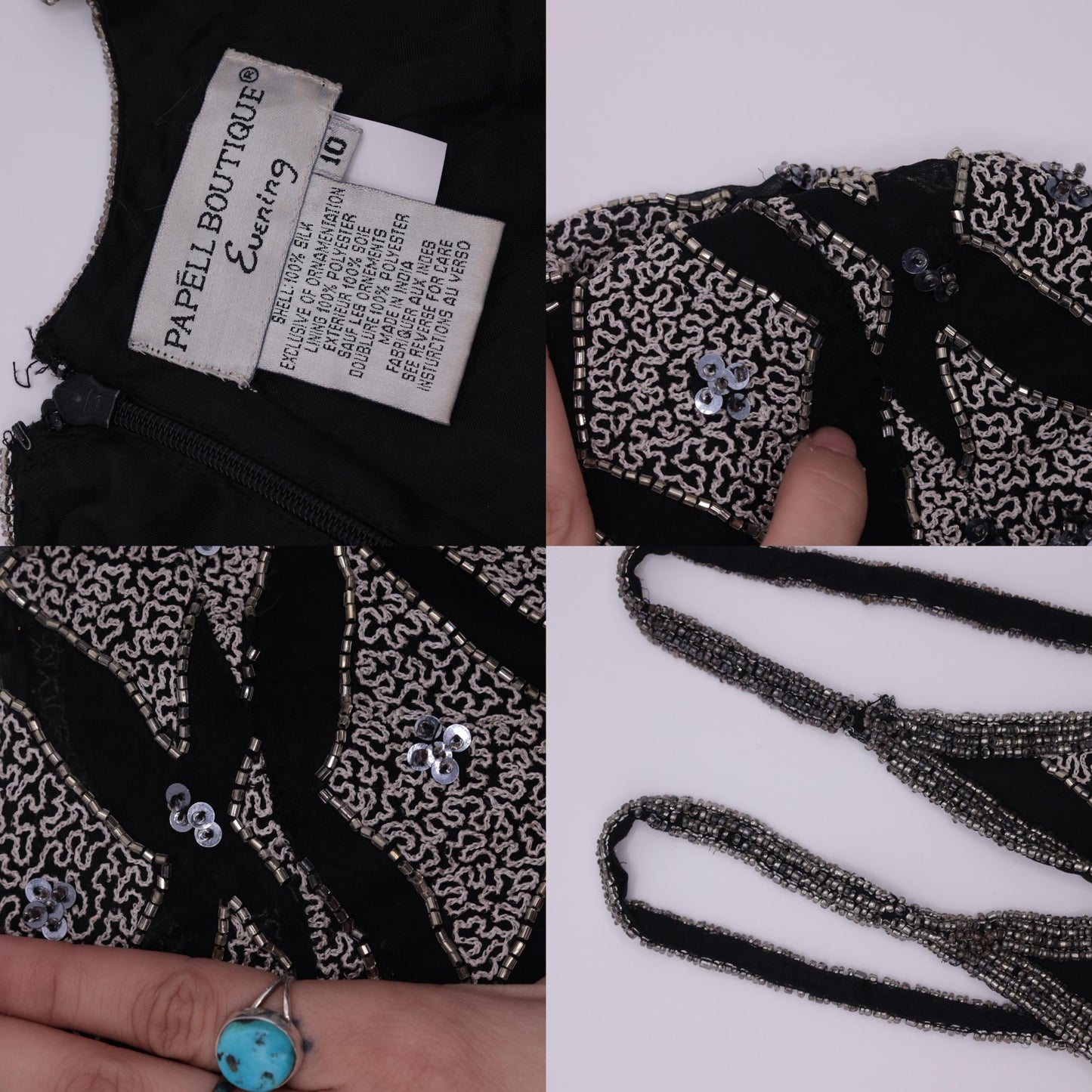 Y2K Adrianna Papell Silk Beaded Maxi Dress Black Silver Sequin Spaghetti Strap Small