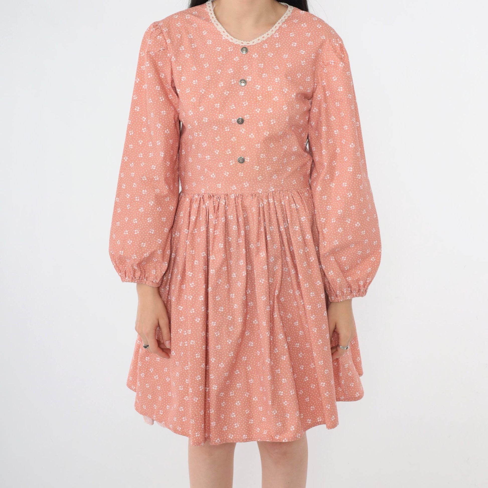 70s Peach Calico Floral Mini Dress Puff Sleeve High Waist Small