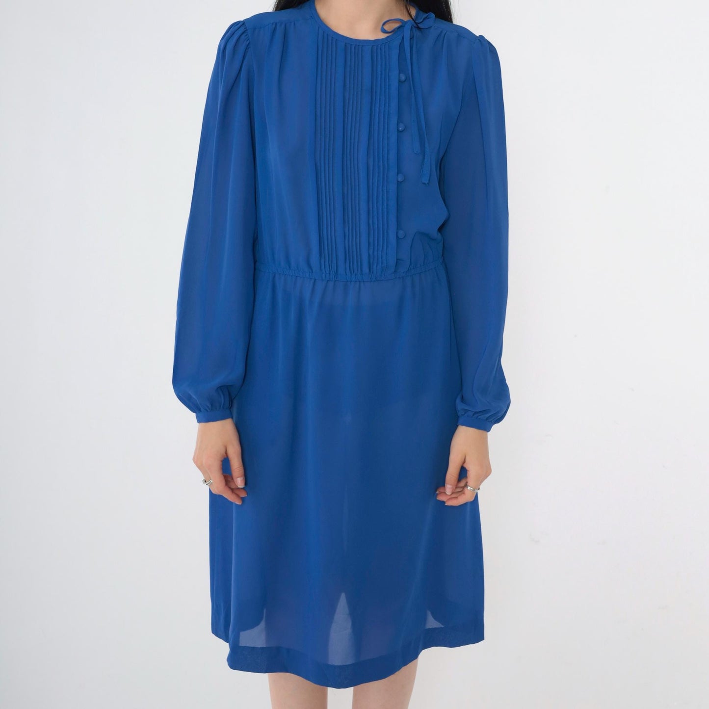80s Sheer Blue Shirtwaist Midi Dress Puff Sleeve High Waist Small Medium