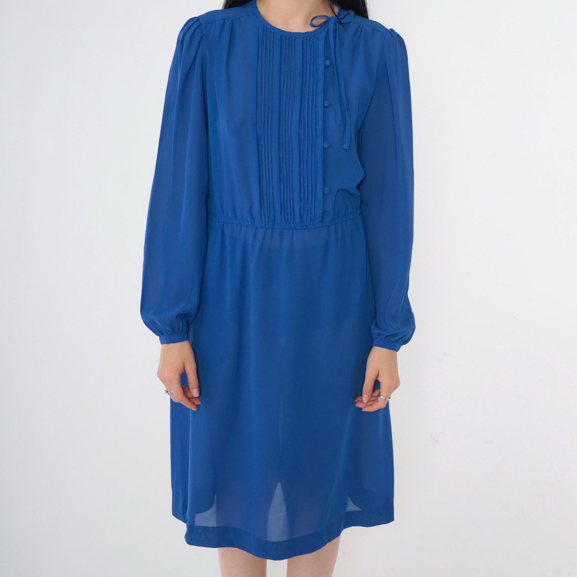 80s Sheer Blue Shirtwaist Midi Dress Puff Sleeve High Waist Small Medium