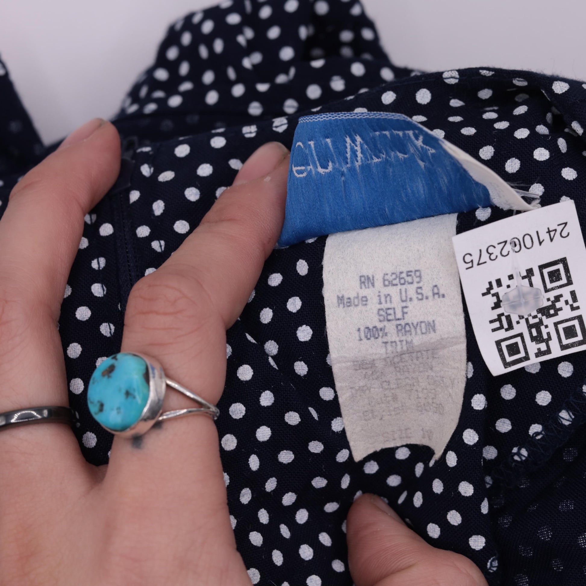 80s Navy Polka Dot Midi Dress Deep V Neck Puff Sleeve Pleated Small