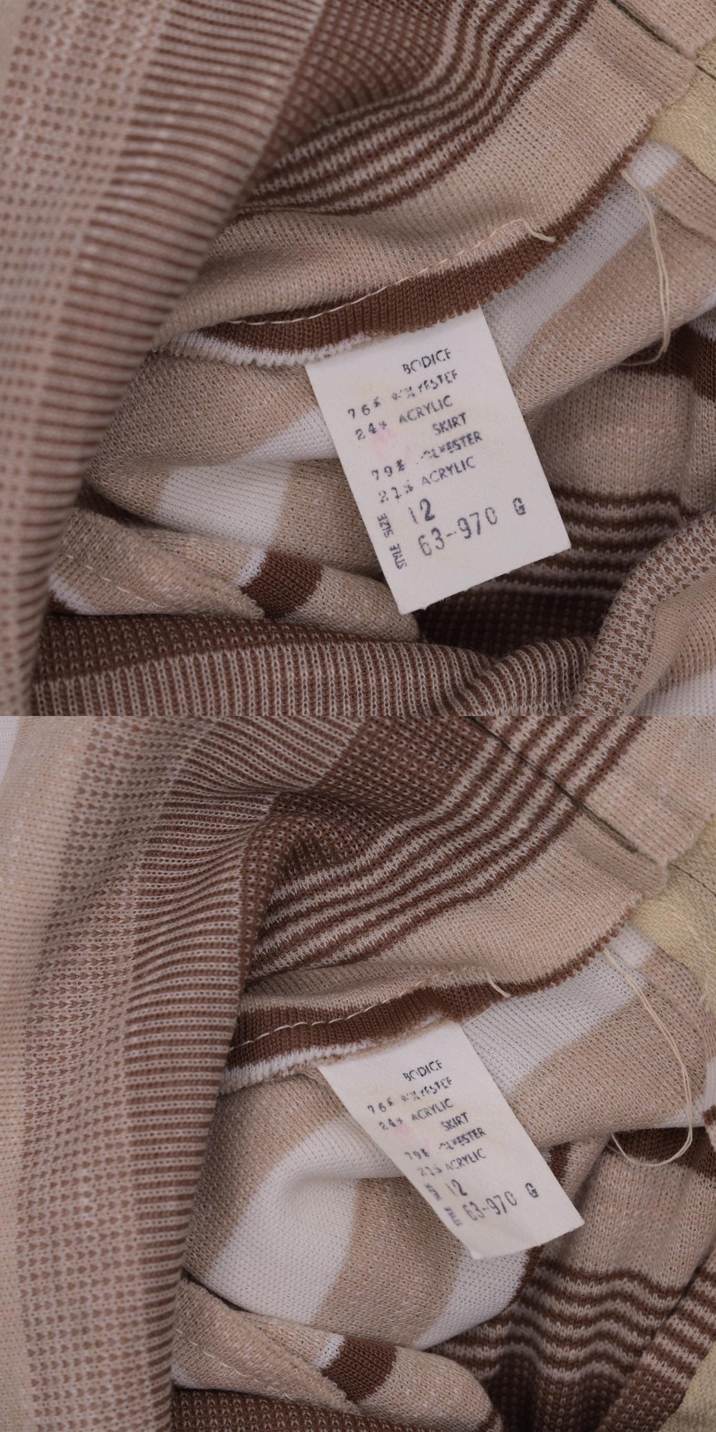 70s Tan Stripe Knit Dress Cowl Neck Cap Sleeve High Waist A-Line Small