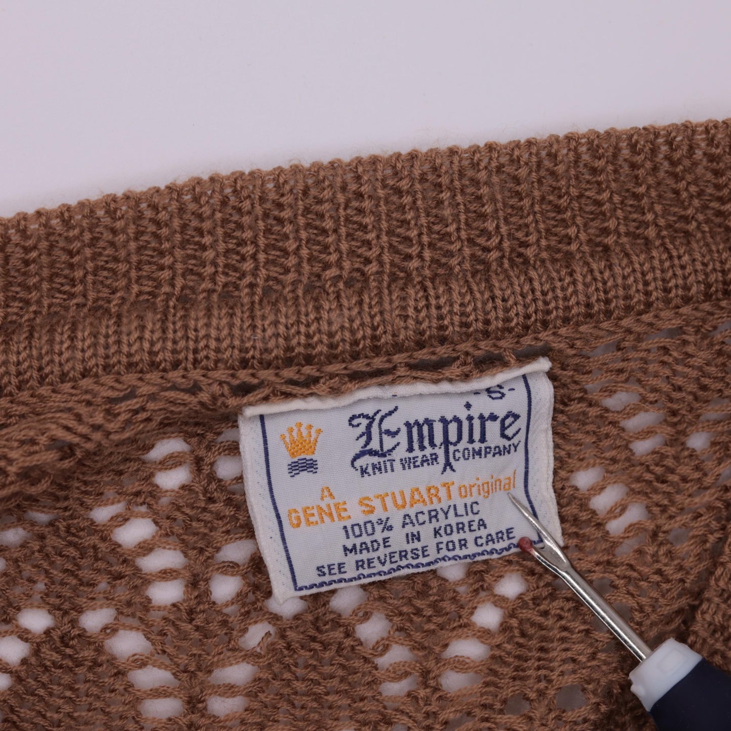 70s Empire Knitwear Sheer Brown Pointelle V-Neck Sweater Long Sleeve Extra Small
