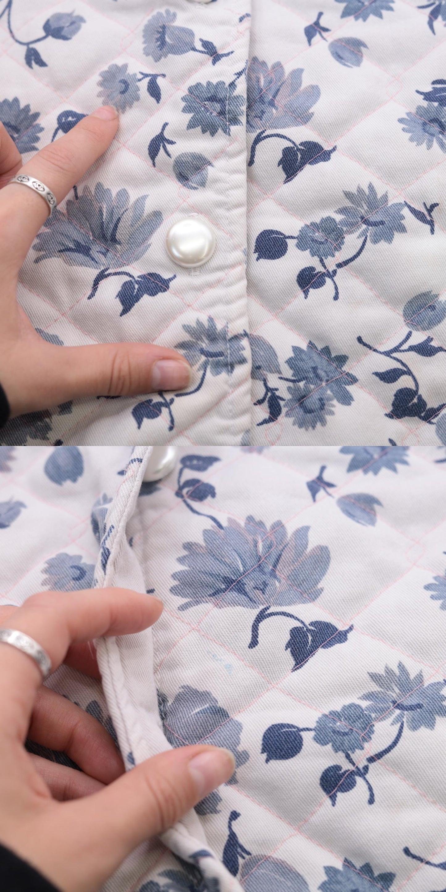 90s Quilted Floral Vest White Blue Button Front Collared Medium M