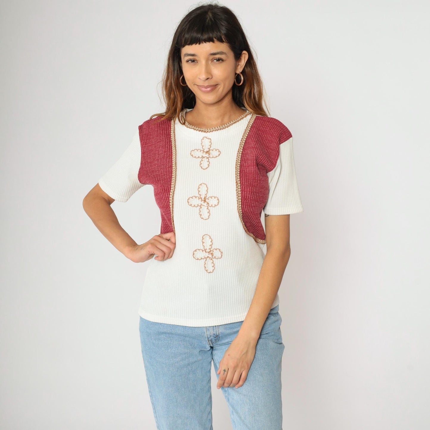 90s White Burgundy Floral Embroidered Knit Top Short Sleeve Medium M