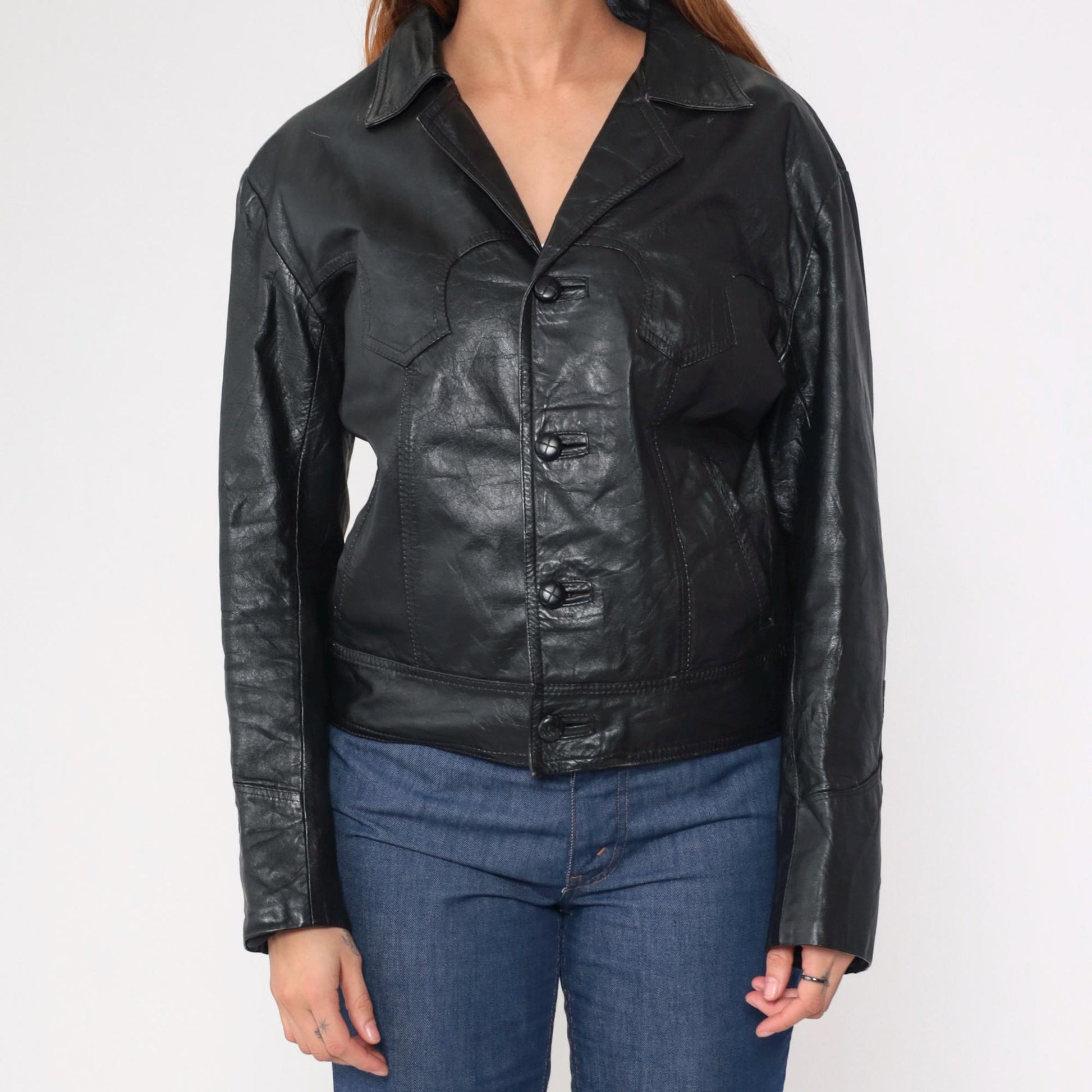 80s Black Leather Motorcycle Jacket Western Yoke Button Front Medium