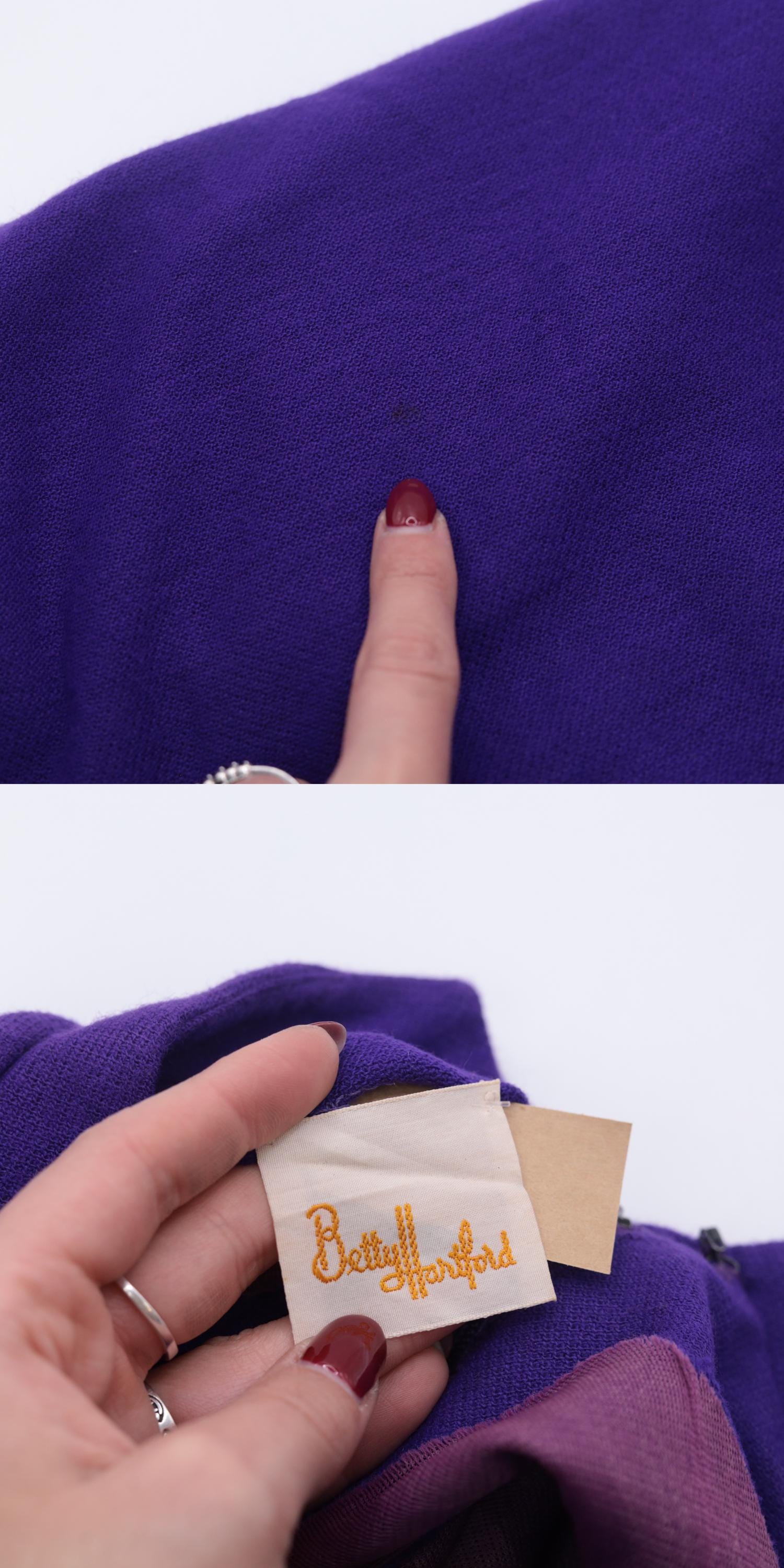60s Purple Wool Shift Dress Bow Neck Mini 3/4 Sleeve Small