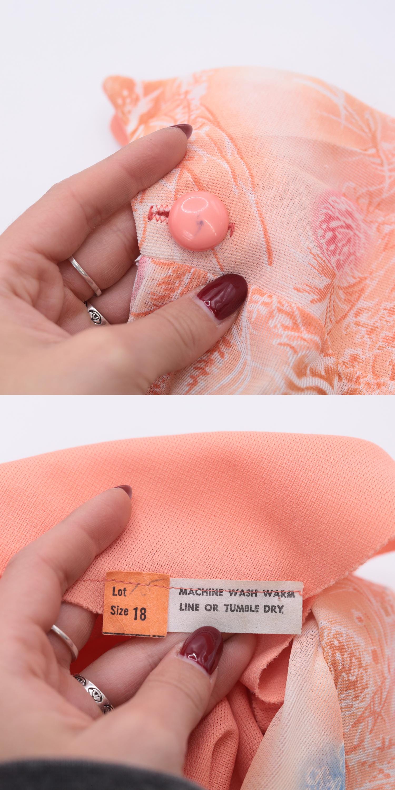 70s Peach Floral Button-Up Midi Dress High Waist Long Sleeve Collared Large L