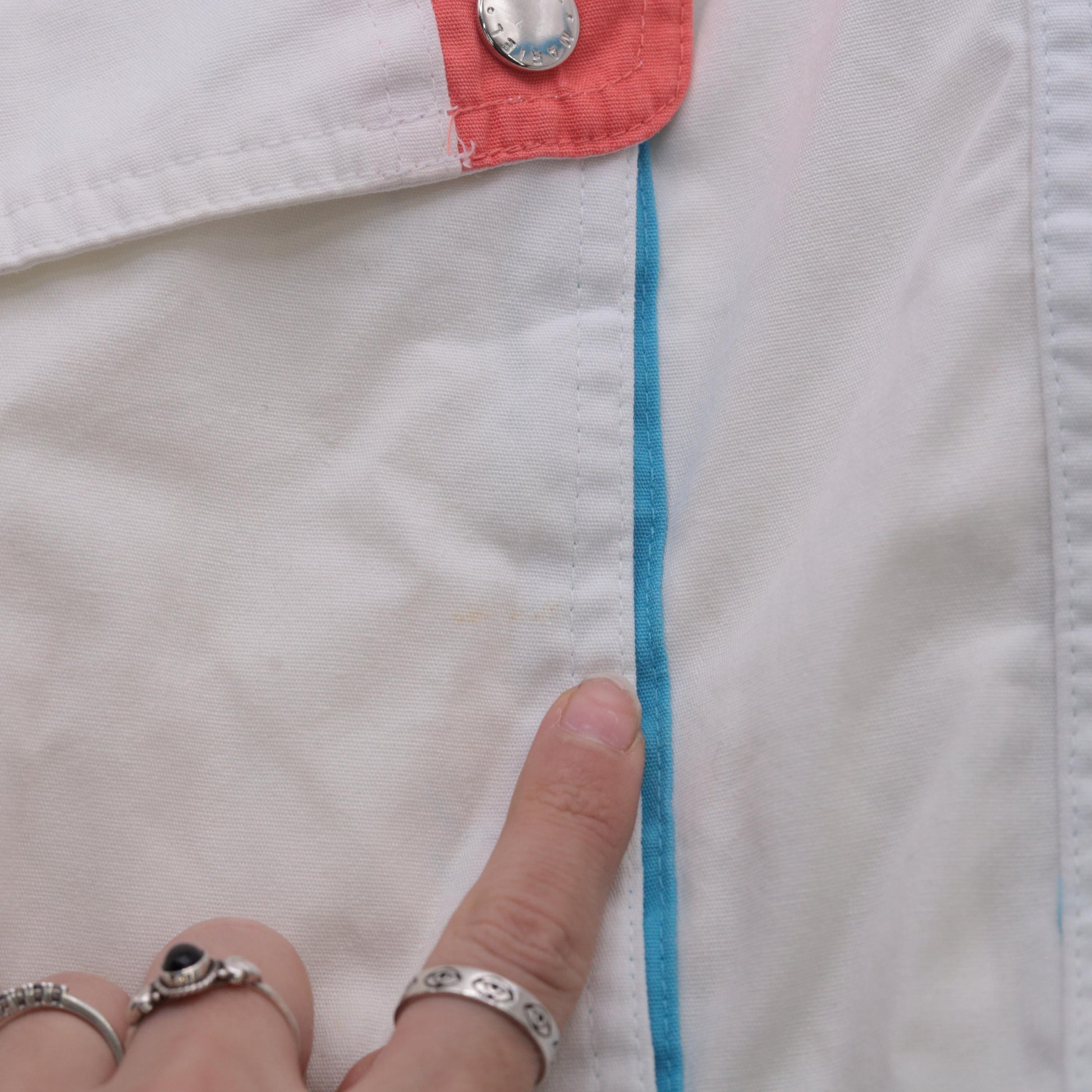 80s White Windbreaker Jacket Snap Zip Blue Coral Trim Small S