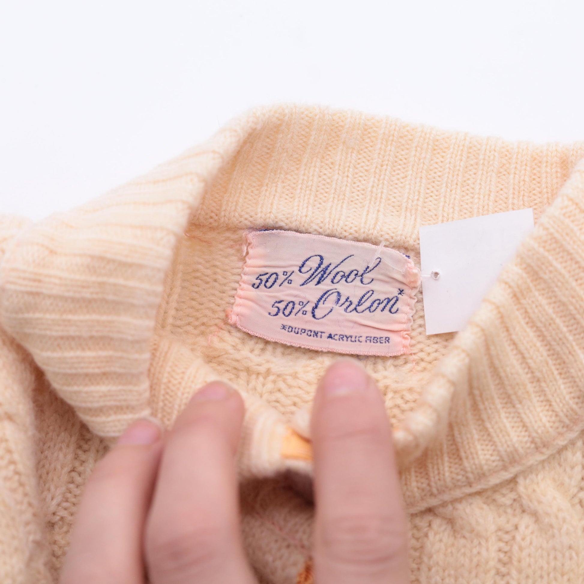 60s Cream Cable Knit Cardigan Cropped Wool Blend Button Up 3/4 Sleeve Extra Small