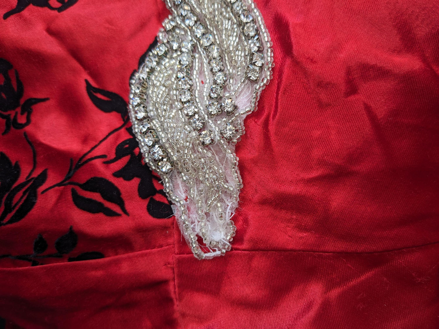 90s Be Smart Red Satin Maxi Gown Flocked Velvet Floral Beaded Empire Waist Small