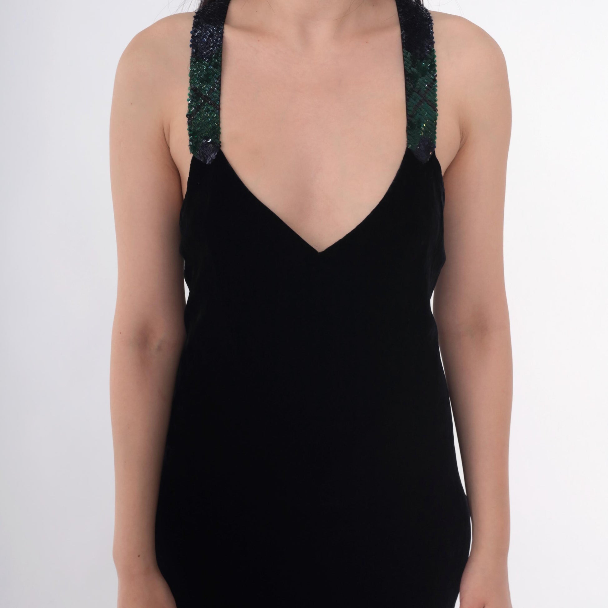 90s Ralph Lauren Collection Black Velvet Maxi Gown Sequin Straps Open Back Small 4