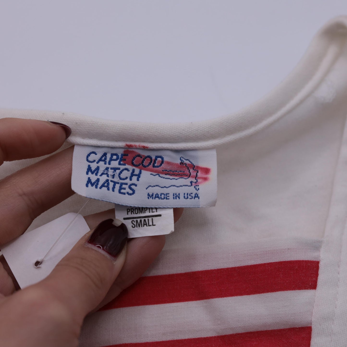 80s White Red Striped T-Shirt Nautical Pocket Tee Short Sleeve Small S