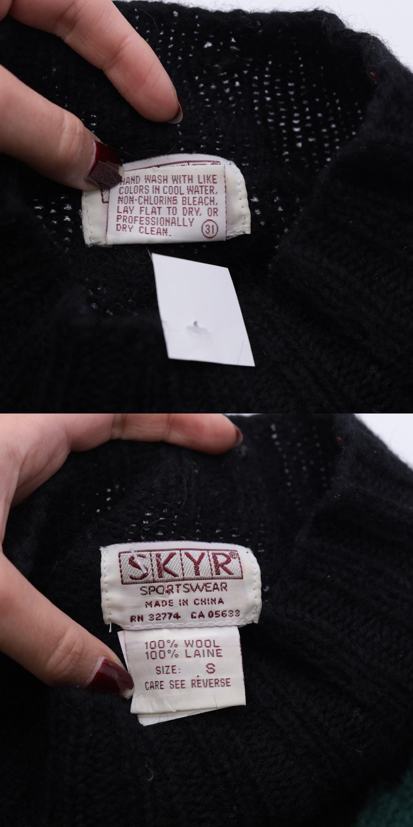 80s Skyr Sportswear Wool Sweater Chevron Zigzag Mock Neck Black Extra Small