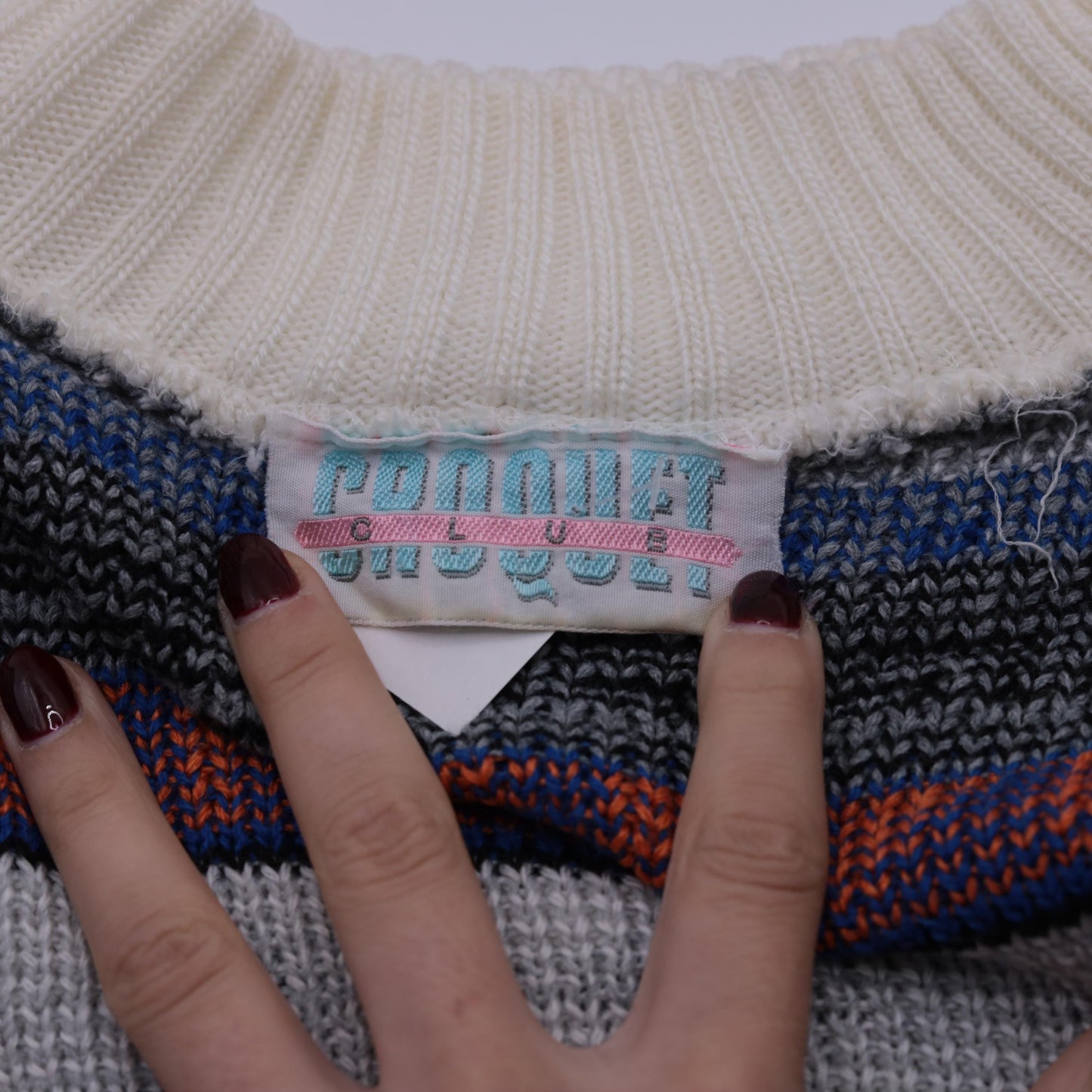 80s Geometric Striped Knit Sweater White Blue Mock Neck Pullover Medium