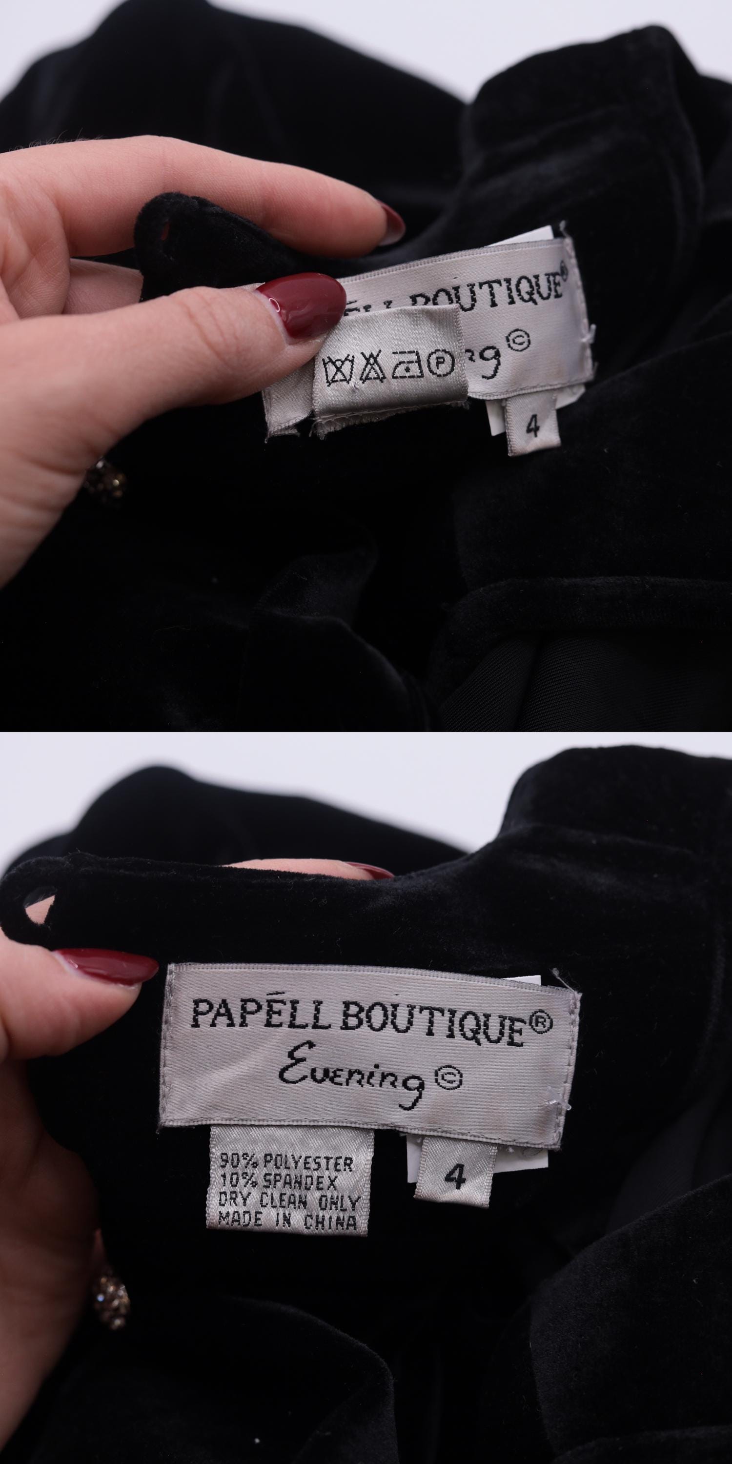 90s Papell Boutique Black Velvet Maxi Gown Rhinestone Back Sleeveless Small 4