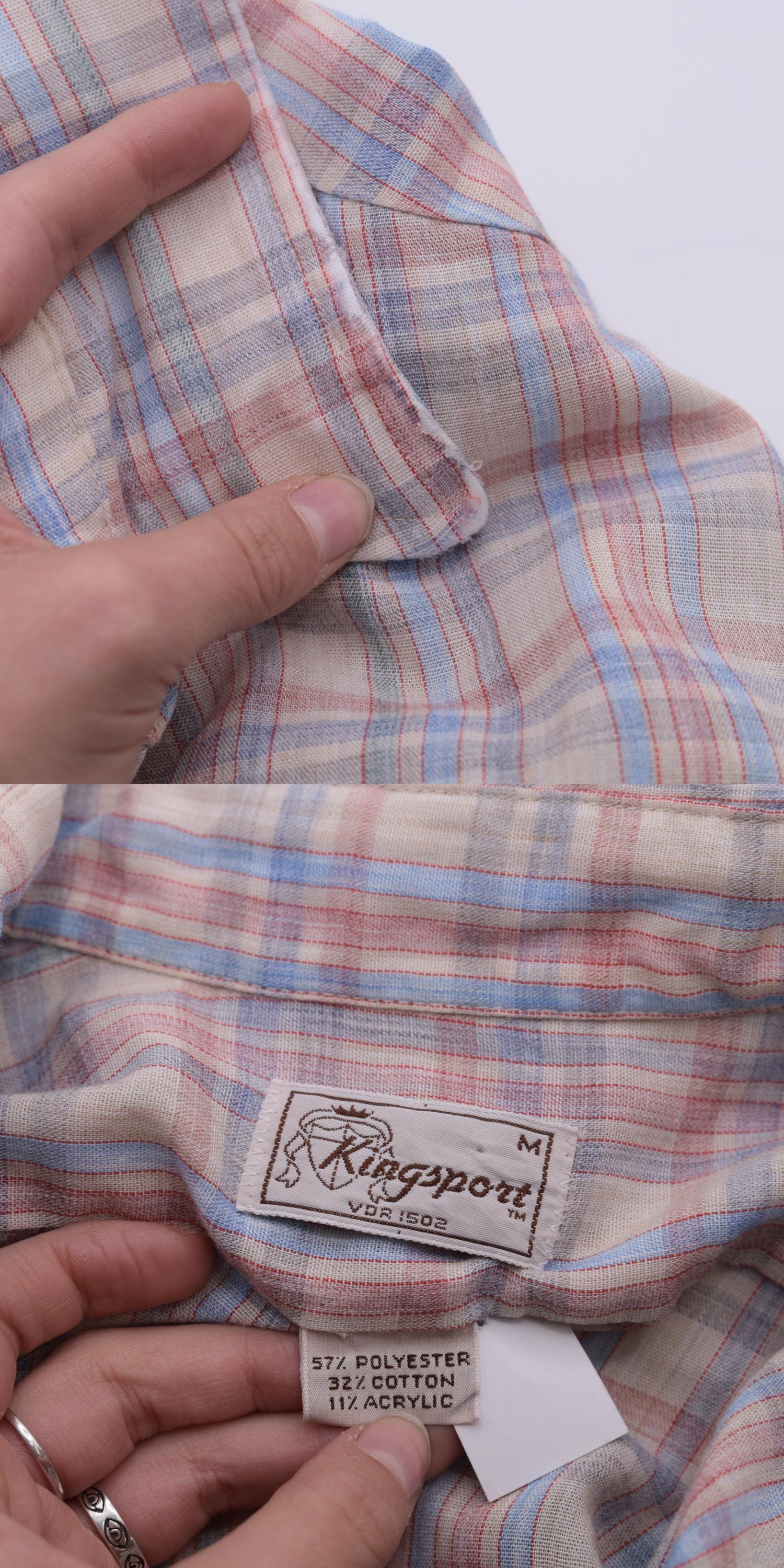 80s Cream Plaid Button-Up Shirt Pink Blue Checkered Short Sleeve Medium