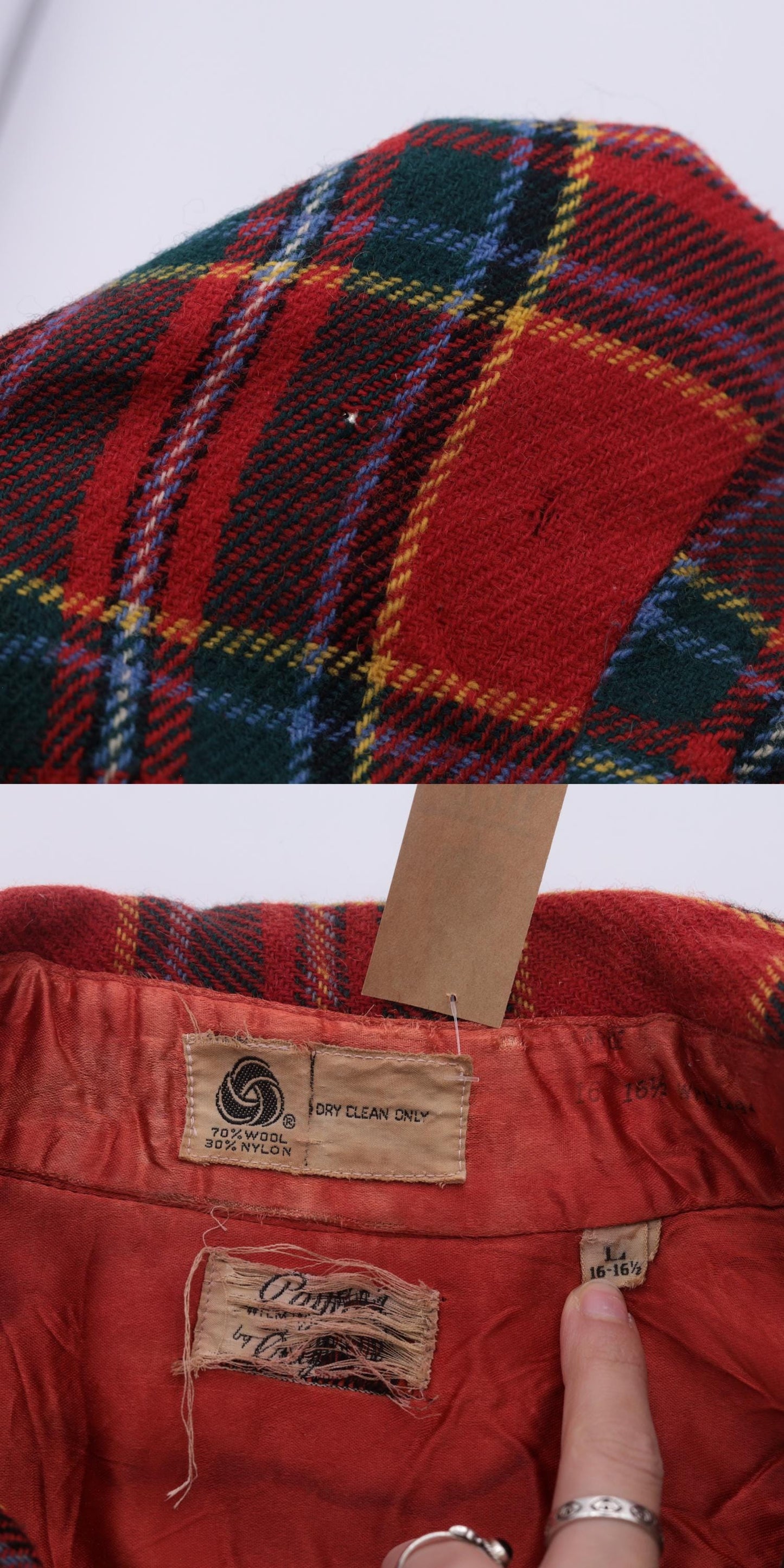 70s Red Plaid Wool Shirt Button Up Long Sleeve Tartan Large