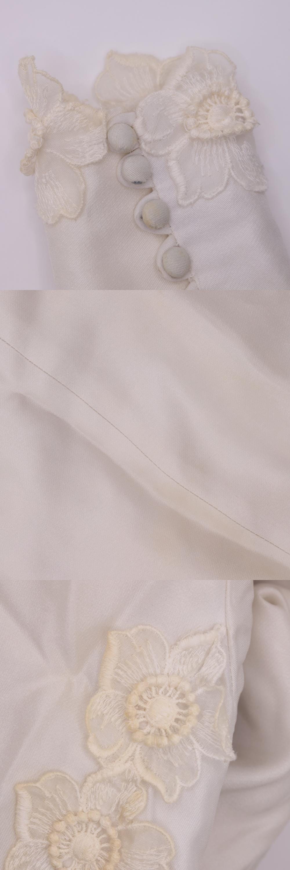 1960s Ivory Satin Wedding Dress Empire Waist Bishop Sleeve Floral Appliqué Extra Small