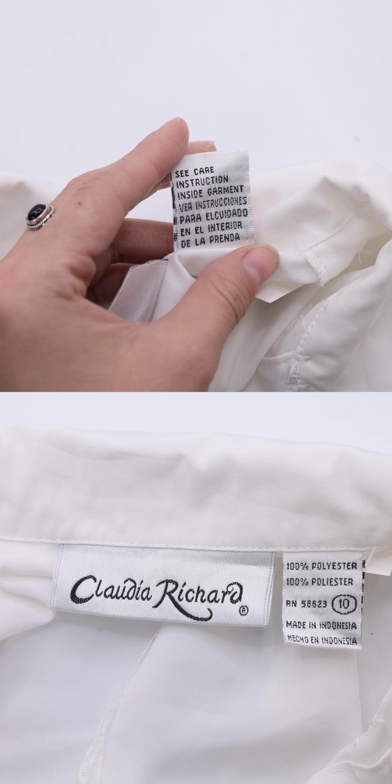 90s White Soutache Embroidered Blouse Floral Button-Up Long Sleeve Medium