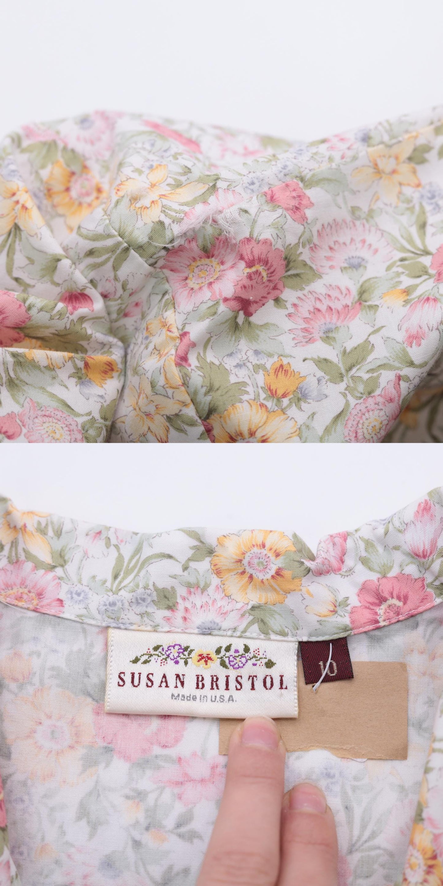 90s Susan Bristol Floral Button-Up Blouse White Pastel Print Short Sleeve Medium