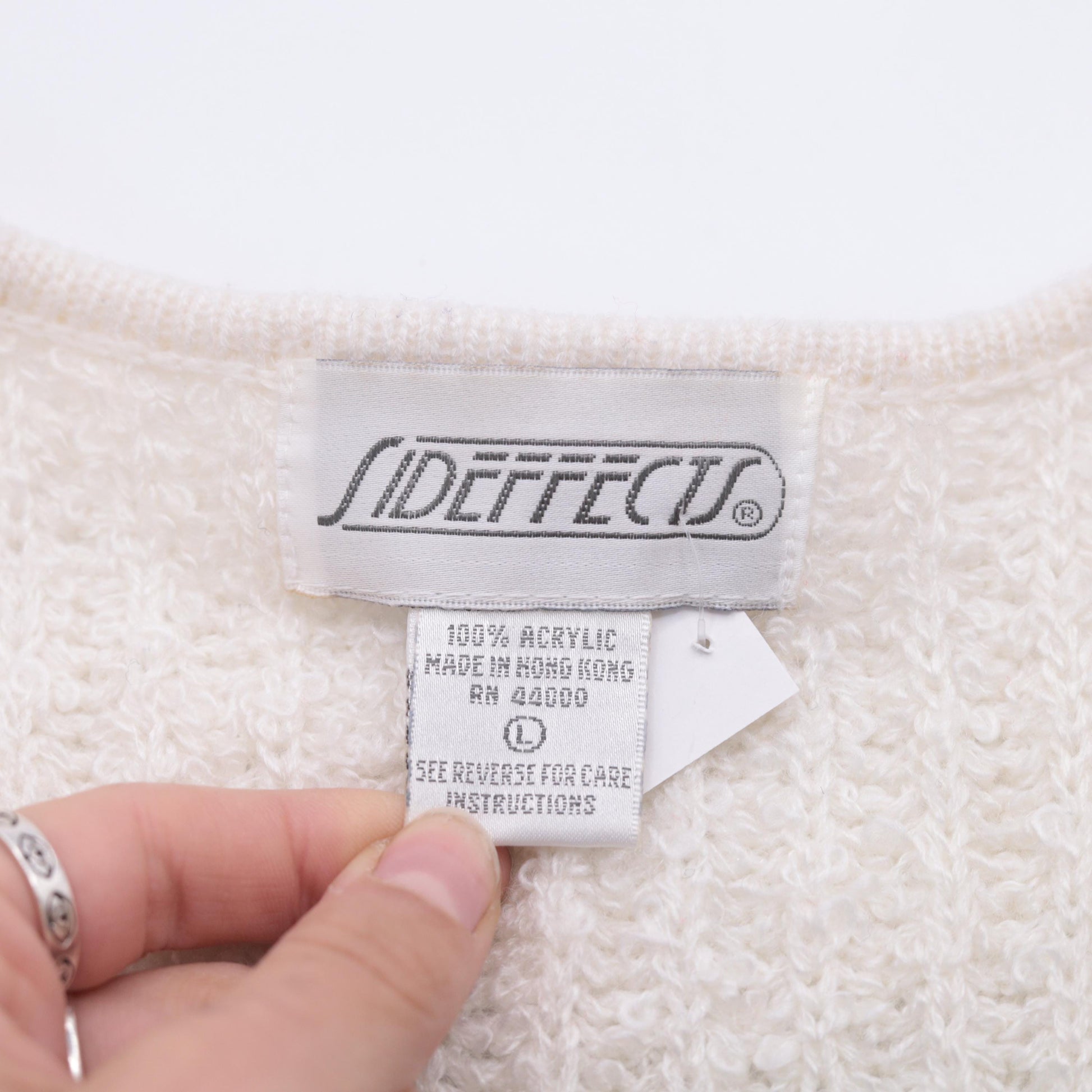 80s Sideffects Ivory Cardigan Ribbed Knit Open Front Pockets Large L
