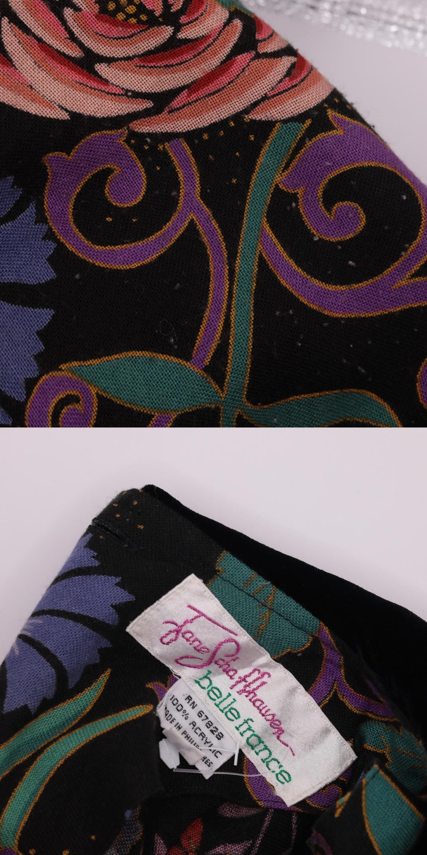80s Floral Midi Dress Black Multicolor Peter Pan Collar Velvet Asymmetrical Large