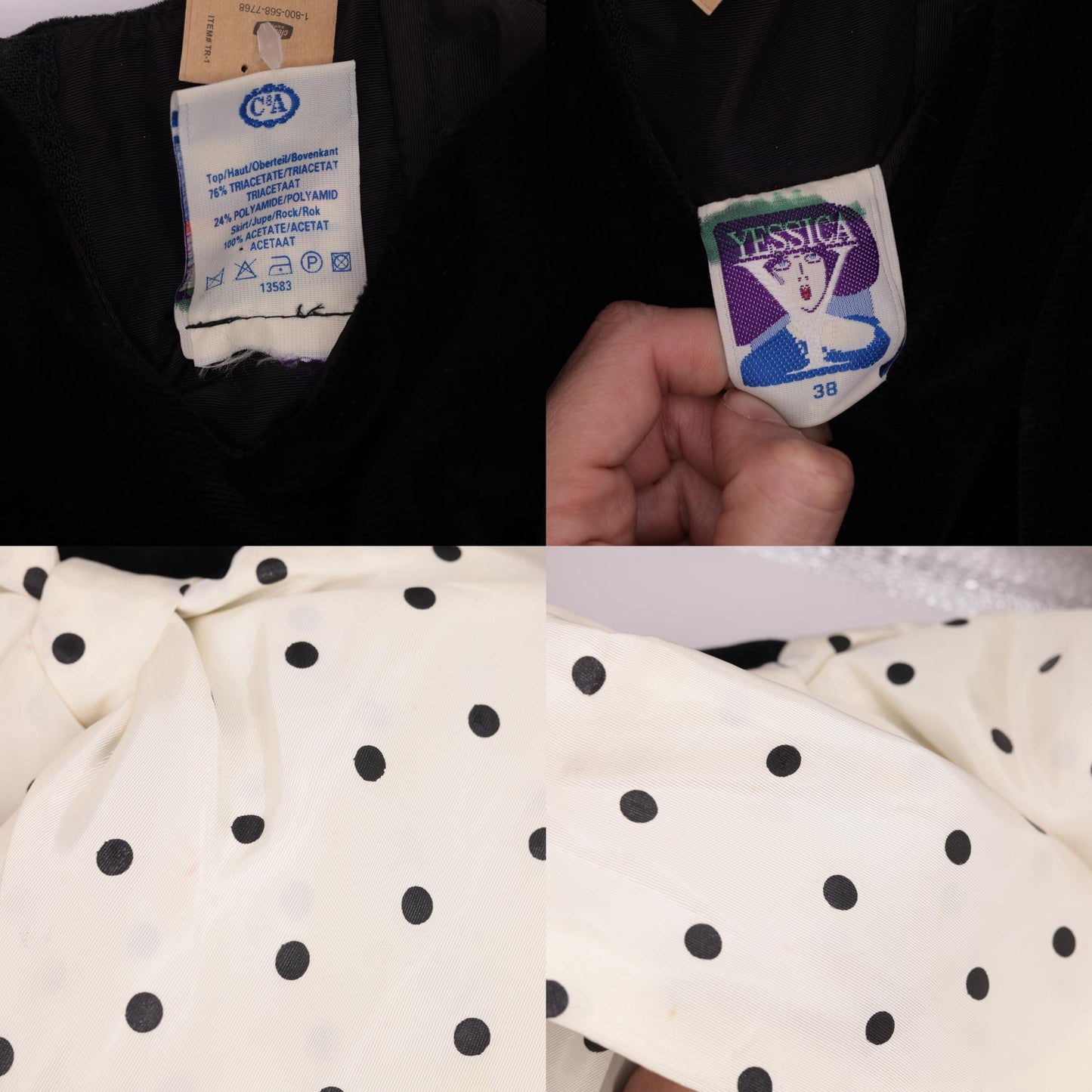 80s Yessica Strapless Velvet Polka Dot Midi Dress Sweetheart Neckline Black White Bow Extra Small