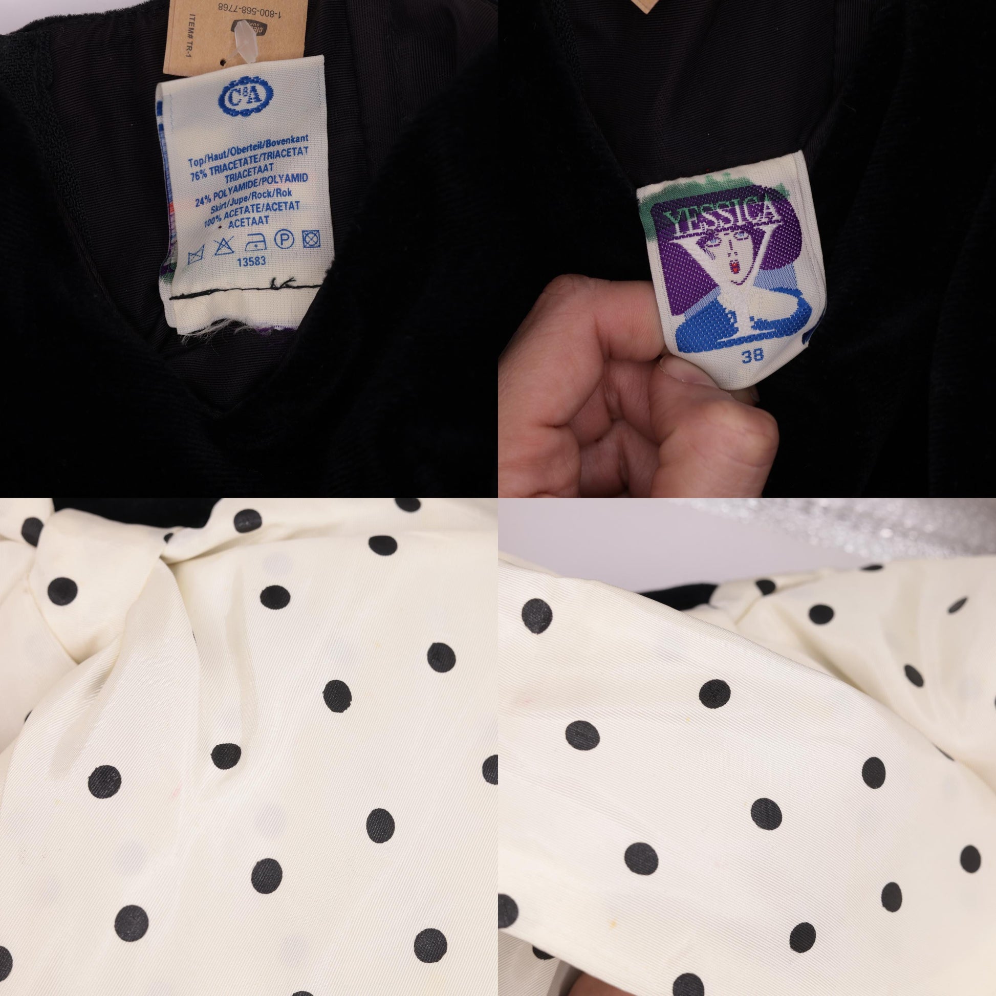 80s Yessica Strapless Velvet Polka Dot Midi Dress Sweetheart Neckline Black White Bow Extra Small